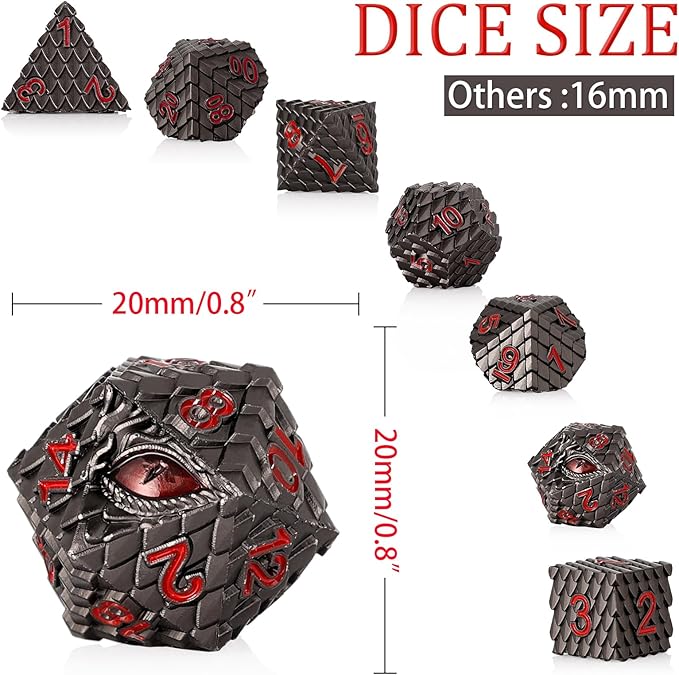 Metal Dice Set D&D,7 PCS Dragon Scale Metallic DND Dice Set,Dragon Eye Metal Dice with Gift Metal Box for Dungeons and Dragon Tabletop Game (Black Dragon Scale & Red Eye)