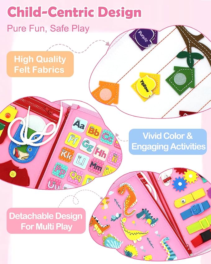 VARANO Montessori Busy Board Book Toy for 1 2 3 4 Year Old, Educational Sensory Toys for Toddlers 1-3, Car & Airplane Activities for Travel and Learning – Gifts for Boys and Girls (Pink Dino)