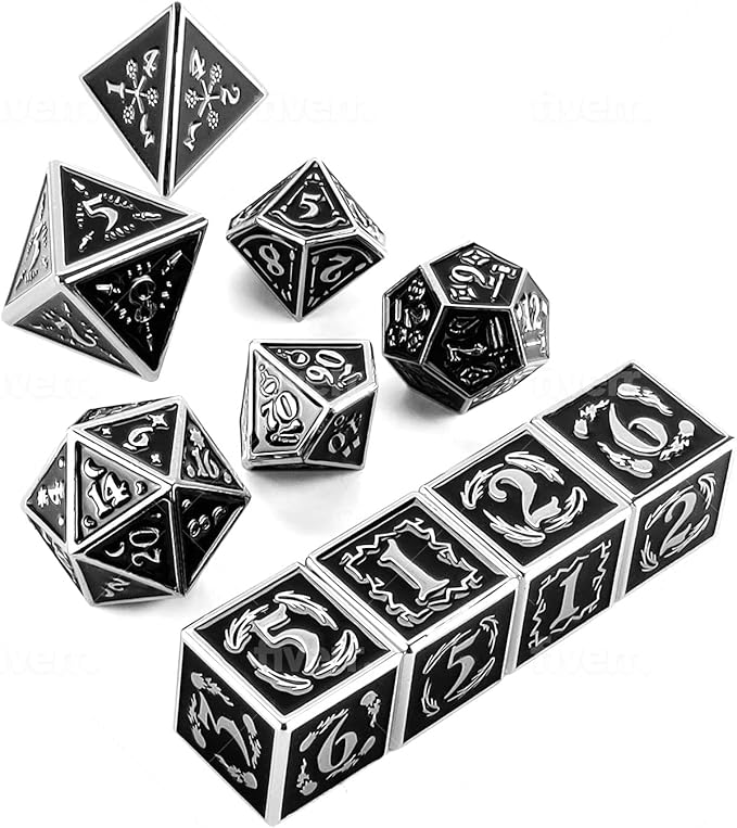 Metal Dice Set Collection for DND and All TRPG Games (Nightwatch, Silver 10 Set)