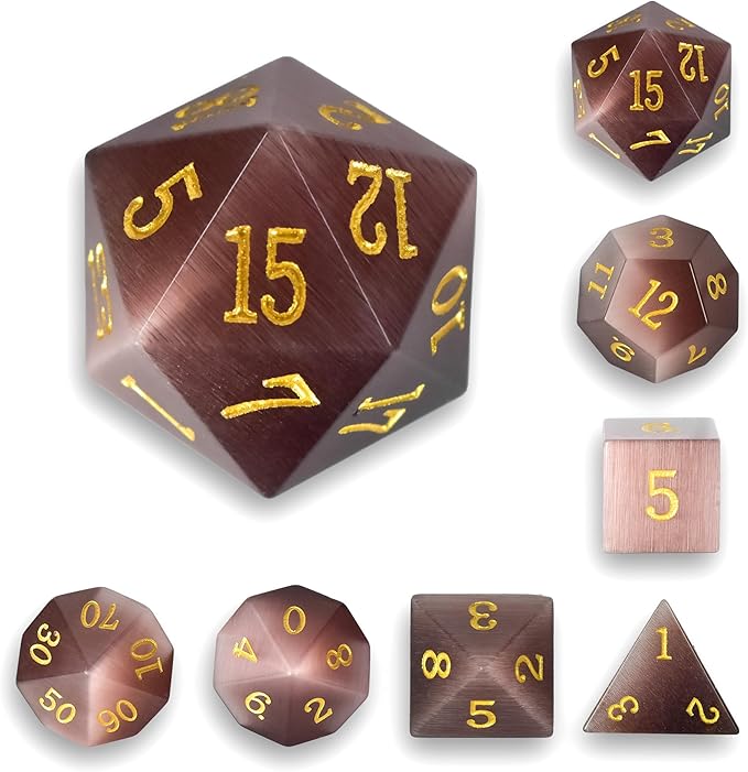 Gemstone DND Stone Dice Sets D&D 7 Pcs Polyhedral Dice Set Handmade Puple Cat's Eye Stone Dice Set Natural Gemstone Dice Sets with Metal Case for Dungeons and Dragons RPG MTG Tabletop Games