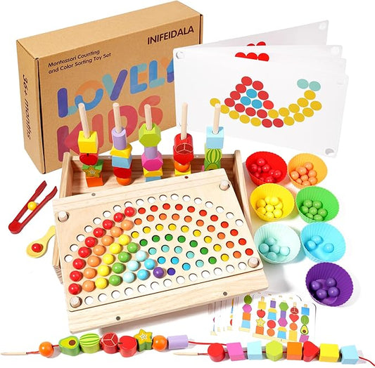 Toddler Learning Montessori Toys for 3 4 5 6 Year Old,Rainbow Stacking & Lacing Beads & Matching Shape Stacker - Wooden Peg Board Beads Sequencing Toy Set - Fine Motor Skills Toys for Boys & Girls