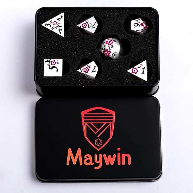 DND Metal Dice Set,7pcs Set Flower Metallic Dice Set with Box,RPG Polyhedral Dice for Table Game (Silver-Purple)