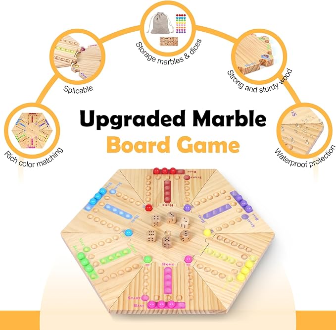 Fast Track Board Game, 18" Detachable Wooden Board Game for 2-6 Players, Portable Marble Game with 32 Marbles and 8 Dices for Family, Friends, Party Game Night