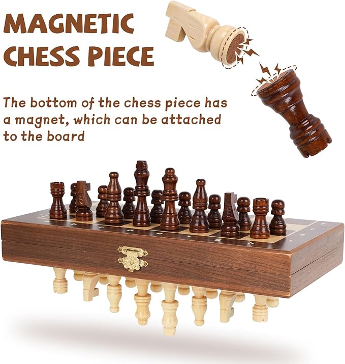 Magnetic Travel Chess Set 12-inch Wooden Magnetic Chess Board 2 Extra Queen Folding Chessboard for Storage Toys & Games for Adults Vintage Chess Game – Family Board Games Educational Toy Sets