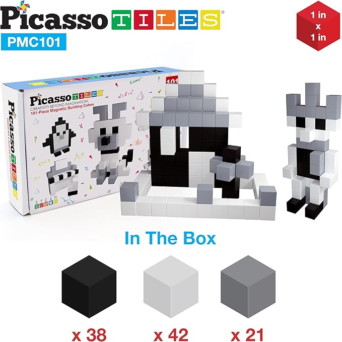 Picasso Cubes 1” Magnetic Puzzle Cube 101 pcs Black and White Magnet Construction Building Block Set Sensory Toy Early Education STEM Learning, Free Ideabook with 53 Ideas, Children Age 3+ Boy Girl