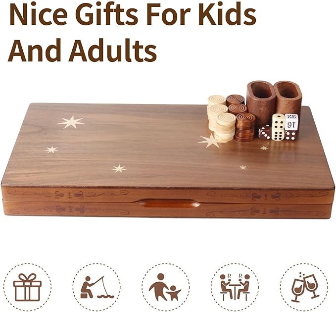 Wooden Inlaid Backgammon Set, Classic Strategy Board Game Case 15.7" Large Size, Backgammon with Checkers Pieces for Adults and for Children