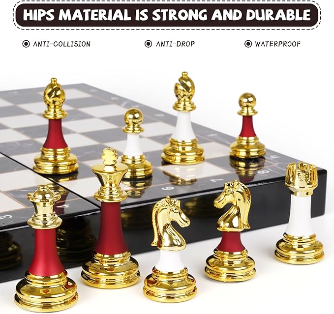 15" Large Chess Set for Adults with Weighted Acrylic Chess Pieces 3.5" King & Portable Folding Marbling Wooden Chess Board Travel Chess Sets Elegant Classic Chess Game – Family Board Game Gift