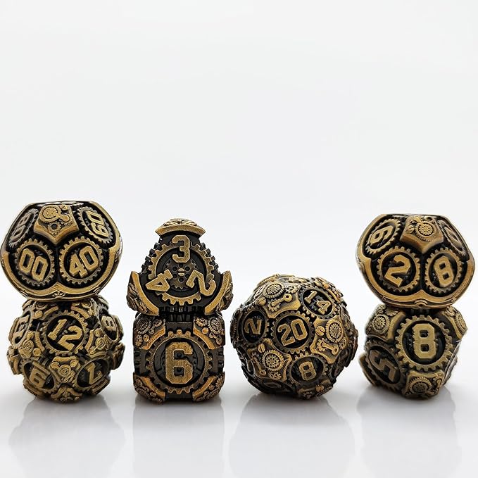Geakeeper Construct D&D Dice, Metal DND Dice Set, 7Pcs Polyhedral Dragon Metallic D&D Dice with Gift Case for Dungeons and Dragon Game, RPG Role Playing Table Game Gifts (Ancient Gold)