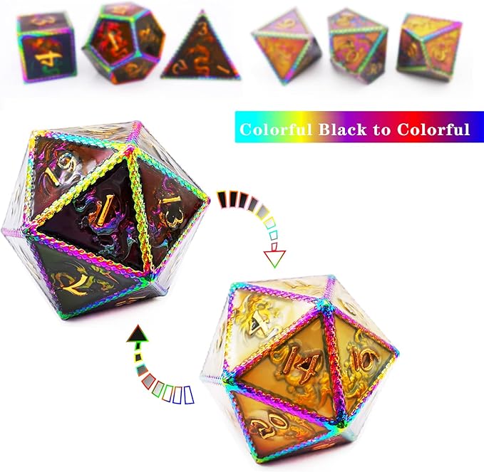 HAOMEJA Color Changing Temperature Metal Dragons DND dice set D&D dice Set Role Playing Dice Apply to Dungeons and Dragons Black Transition Colourful