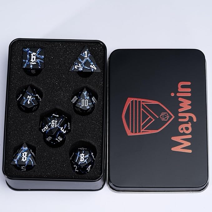 Dice Set D&D Dungeons and Dragons Dice D20 Metal DND Dice Set with Box, Polyhedral Role Playing Dice D12 D10 D% D8 D6 D4 for MTG RPG Board Games(Matte Black Blue)