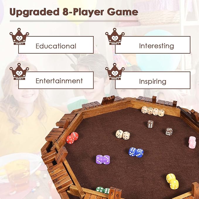 Vamslove Shut The Box Dice Game for 8 Players Upgraded Wooden Board Table Math Game with 16 +6 Dices - Educational Game for Kids, Adults (Instruction Included)