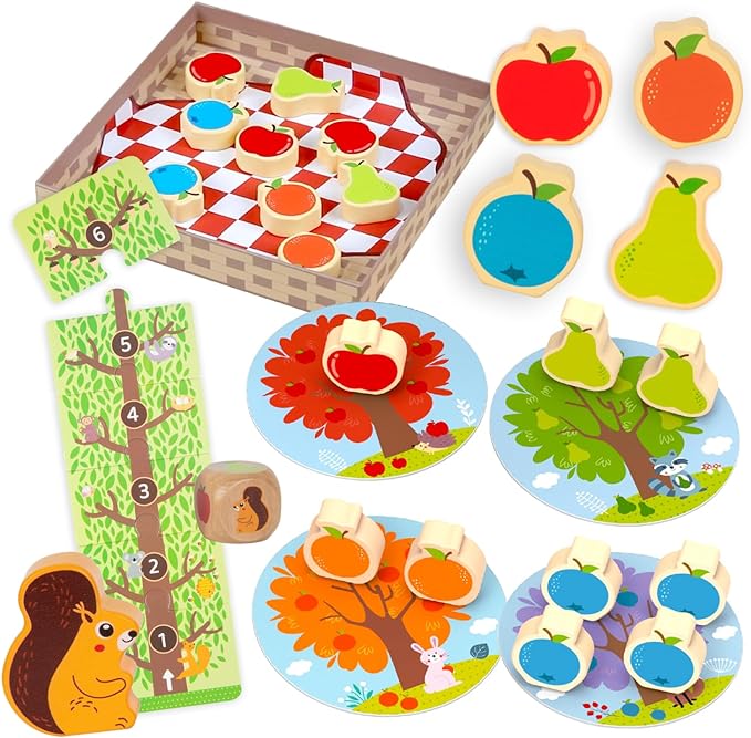 Nene Toys Squirrel in The Orchard - Cooperative Wooden Game for Toddlers Ages 2-4 - Educational Board Game for 2 3 Year Olds, Orchard Game to Enhance Color Recognition & Counting Skills