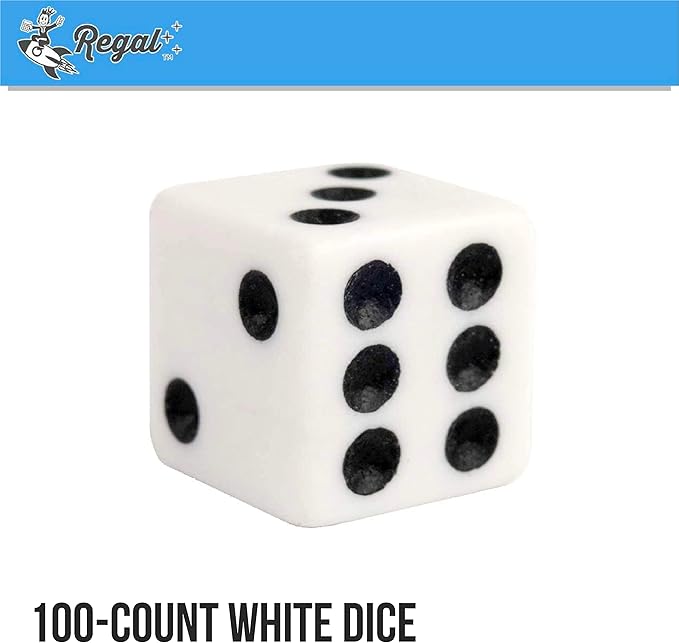 Regal Games Dice Set 6 Sided - Playing White 16mm Set of Dice - Square Dice for Classroom or Family Game Night - 100 Dice