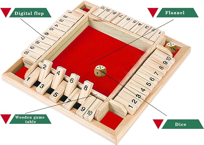 DC-BEAUTIFUL Shut The Box Dice Game, 2-4 Players Classic Board Game for Adults, Wooden Tabletop Game with Dices and Instruction,Math Strategy Game for Christmas Party (Red)