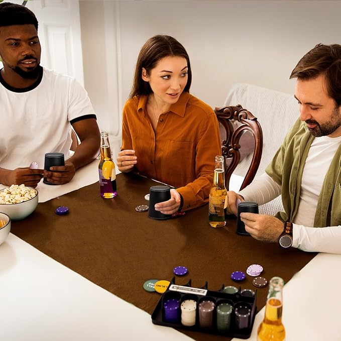 10x Dice Cup Set, PU Leather Dice Shaker Cups with 50 Dices for Bar Party Yahtzee Farkle Dice Games, Coffee (10, Black)