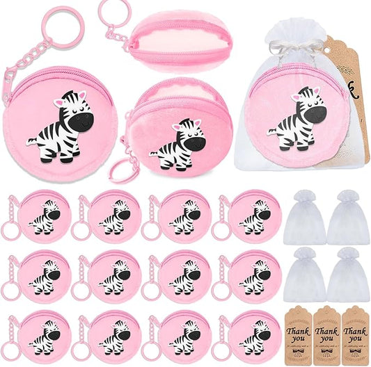 36 Pack Zebra Change Purses Set Include 12 Wallets with Keyring,12 Thank You Tags and 12 Organza Bags for Zebra Safari Jungle Grassland Party,Baby Shower Birthday Decor, Pink