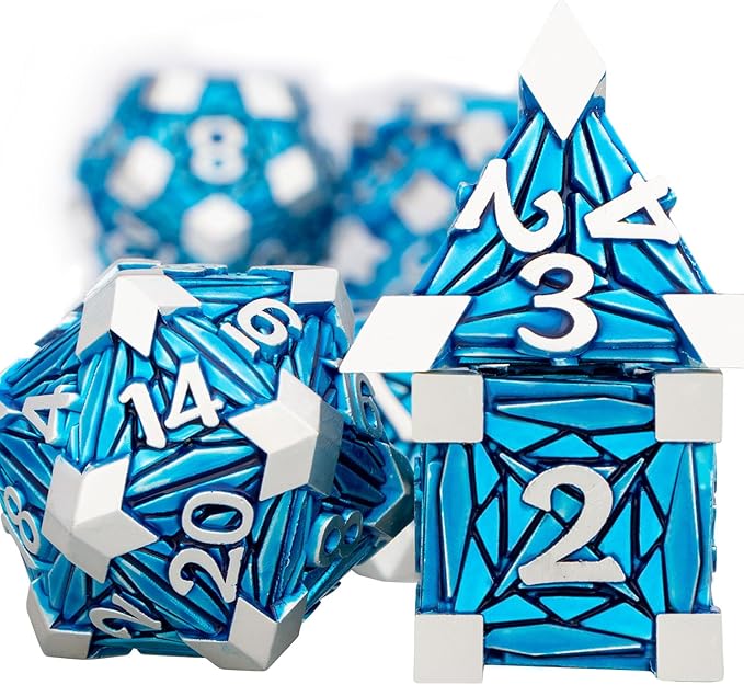 7PCS Metal DND Dice Set with Box, Debris RPG Blue D and D Dice for use with D&D Tabletop Games Role Playing Game Polyhedral Dice Set D20 D12 D10 D8 D6 D4