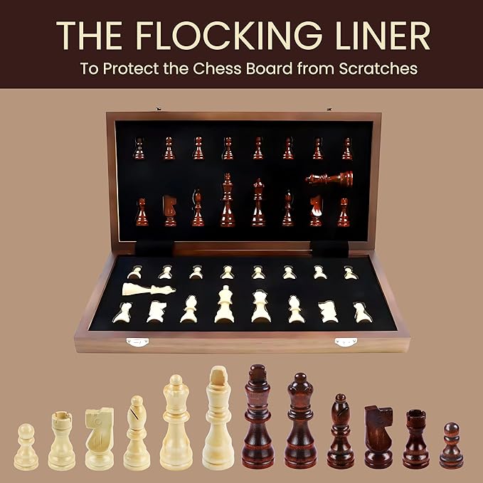 AS Chess Board for Adult | Wooden Walnut Chess & Checkers Set - Chess Board Game | Foldable -15 Inch - 2 Extra Queens | Magnetic Chess Game with Storage Slot | Travel Unique Portable (Sapele 15 inch)