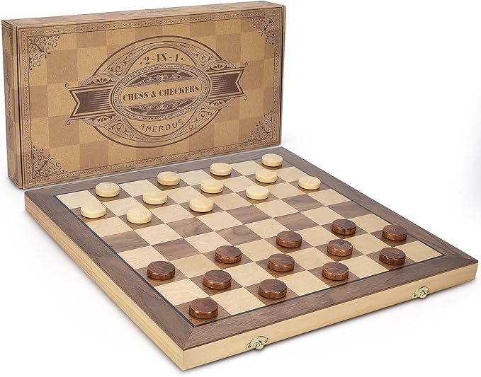 AMEROUS 15'' Magnetic Wooden Chess & Checkers Game Set -2 Extra Queens -24 Cherkers Pieces - Chessmen Storage Slots, Beginner Chess Set for Kids and Adults, Classic 2 in 1 Board Games