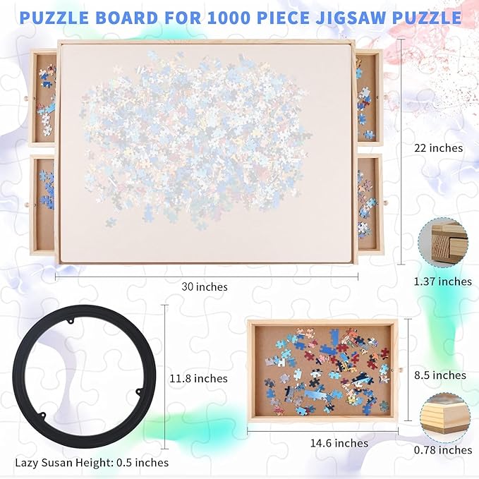 WOOD CITY Puzzle Board, 1000 Piece Wooden Jigsaw Puzzle Board with Drawers, 30” x 22” Portable Puzzle Table with Covers and Lazy Susan, Rotating Jigsaw Puzzle Table for Kids and Adults