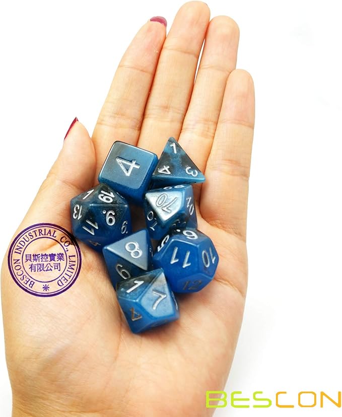 Bescon Two-Tone Glow-in-The-Dark Polyhedral Dice Set Blue Dawn, Luminous RPG Dice Set d4 d6 d8 d10 d12 d20 d% Brick Box Pack