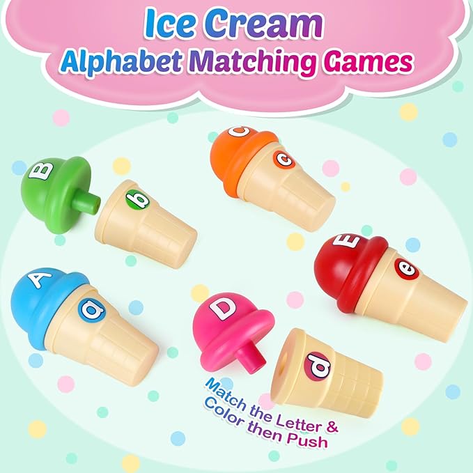 Torlam Alphabet Learning Ice Cream Toy Play Set, Toddler to Little Kid, Letter Matching Toy, 26 Letters Games, 52 Pieces