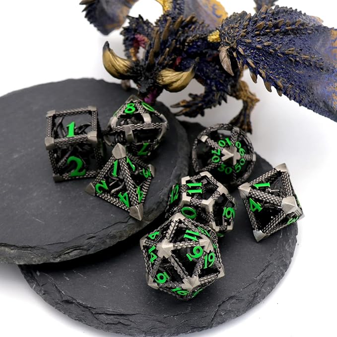 Hollow Cthulhu Metal Polyhedral Dice Set - D&D, Pathfinder, Warhammer, Shadowrun Gaming Dice (Green Number)