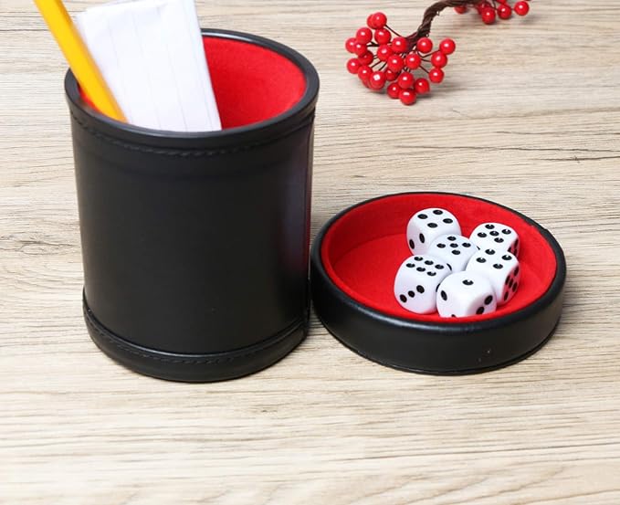 Leatherette Dice Cup with Lid, Red Felt-Lined Dice Shaker Includes 6 Regular Dice for Liars Dice/ Farkle/ Yahtzee/ Games, 1 Pack