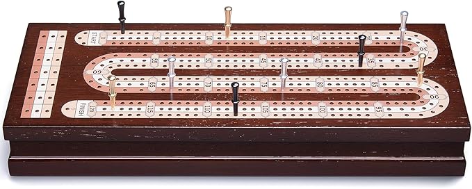 AMEROUS Wooden Cribbage Board Game Set with Magnetic Lock / 9 Metal Pegs / 2 Decks of Playing Cards/Larger Storage Area/Instruction, Classic Tabletop Game for Family (3 Track Board)