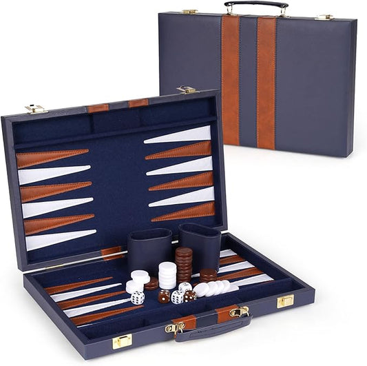15 Inch Backgammon Sets for Adults ,Classic Family Board Game with Premium Folding Leather Backgammon Case, Portable Travels Strategy Backgammon Game Set
