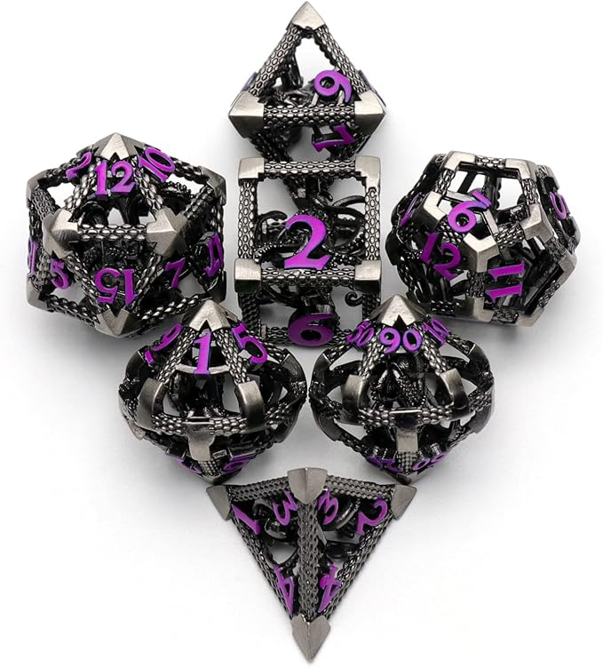 DND Dice for Dungeons and Dragons Polyhedral Dice Set Metal Role Playing D&D Dice HNCCESG Hollow Cthulhu Gaming for Table Game RPG (Purple Number)