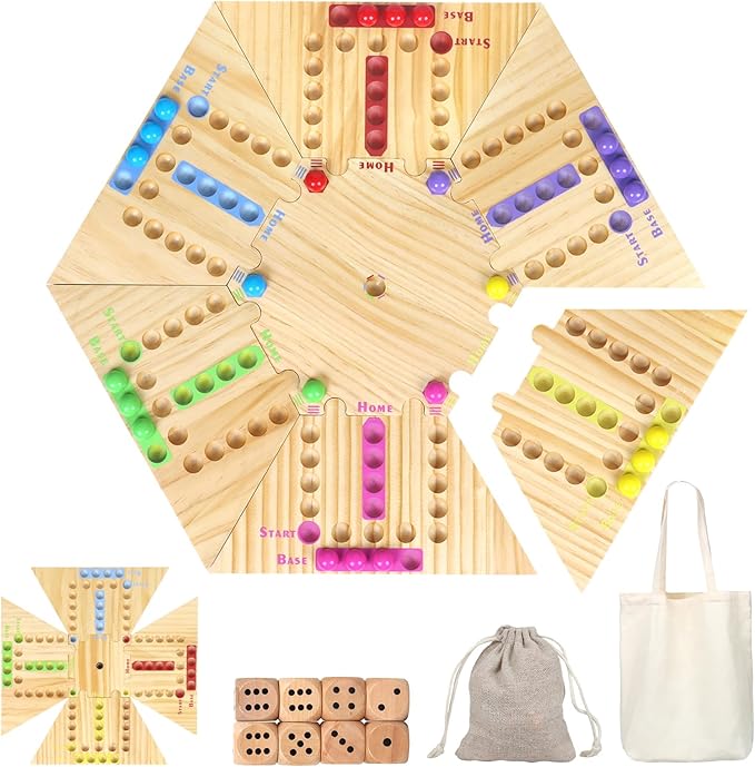 Fast Track Board Game, 18" Detachable Wooden Board Game for 2-6 Players, Portable Marble Game with 32 Marbles and 8 Dices for Family, Friends, Party Game Night