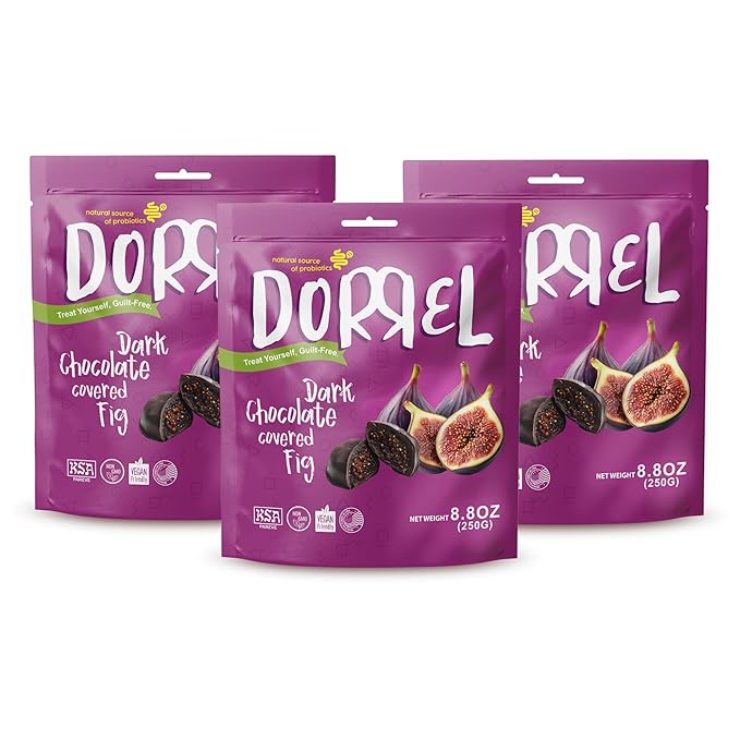 DORREL - Belgian Dark Chocolate Covered Figs, High Energy Vegan Choco Snack with Medjool Dates & Dried Mission Figs Center, Delicious, Kosher & Non-GMO, Pack of 3, 8.8 oz / 250 g Ea