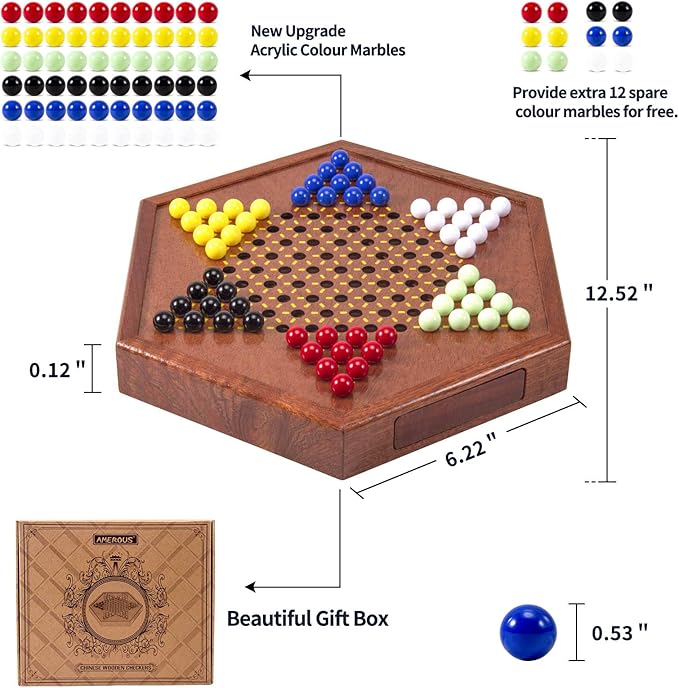 AMEROUS 12.5 inches Wooden Chinese Checkers Set with Storage Drawer - 60 Acrylic Marbles in 6 Colors - 12 Bonus Spare Marbles, Classic Strategy Family Board Game for Kids and Adults