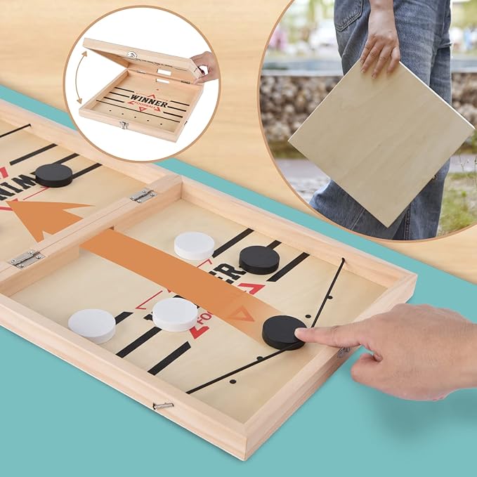 22.8" Foldable Large Fast Sling Puck Game, Slingshot Games Toy for Adults -Child,Table Desktop Battle Wooden Hockey Table Game, Family Foosball Winner Board Games Toys