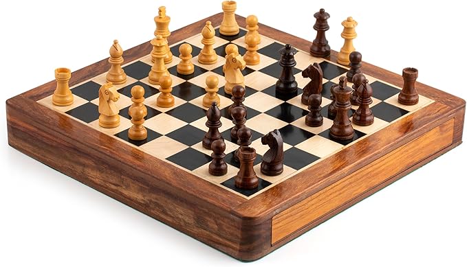 12" Non Folding Magnetic Ebony & Golden Rosewood Chess Set with Leather Bag (Chess Set Without Algebraic Notation)
