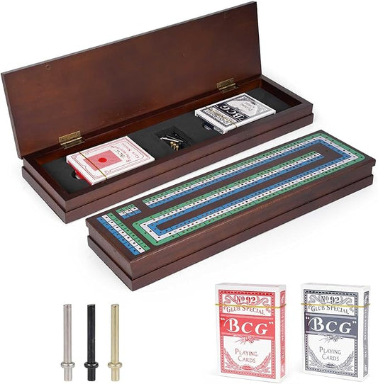 Wooden Cribbage Board Game Set, Premium Wooden Board with Magnetic Lock and Metal Pegs, Strategy Card Game Cribbage - Travel Portable Cribbage Game Sets for Family
