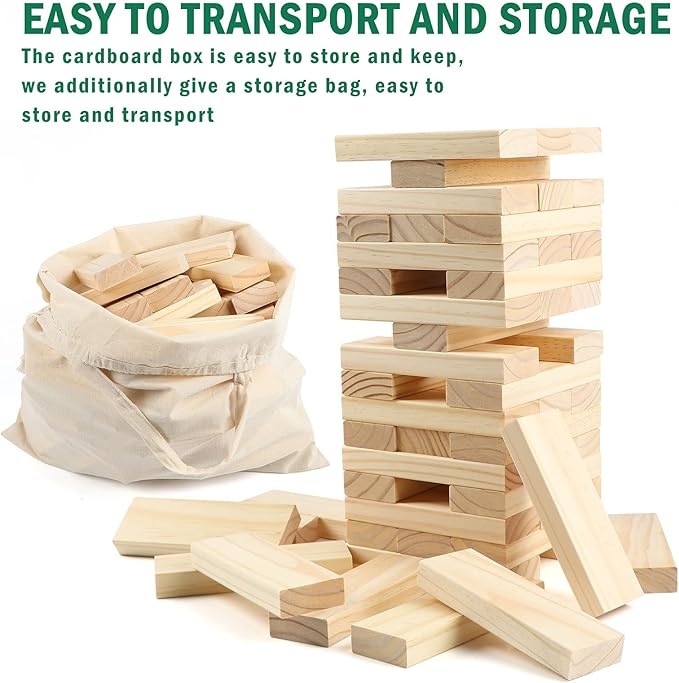 Tumble Tower Set, 54PCS Large Timber Game with Storage Bag, Wooden Stacking Games for Kids Adults and Family, Outdoor and Indoor Play