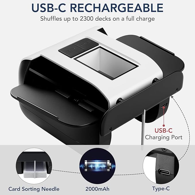 Automatic Card Shuffler, Rechargeable 1-2 Deck Card Dealer Machine, Low Noise Electric Casino Shuffler for UNO, Blackjack, Texas Hold'em, Home Card Games