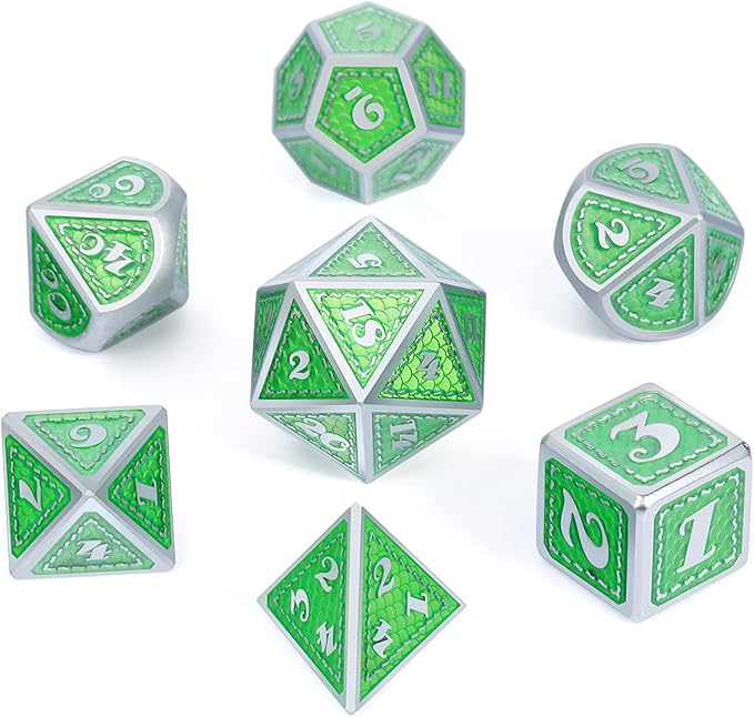 DND Metal Dice Set with Gift Metal Tin DNDND Metallic Dungeons and Dragons Dice Set for D&D Game (Neno Green & Green with Matt Silver Edge)