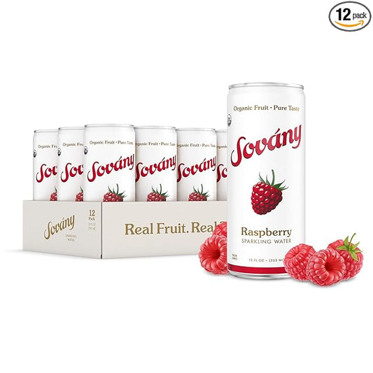 Sovány Sparkling Water, Raspberry, Seltzer Water Drinks, USDA Organic, Made With Real Fruit, Non-GMO, Vegan, No Added Sugar, Low Calorie, 12 fl oz, 12 Pack