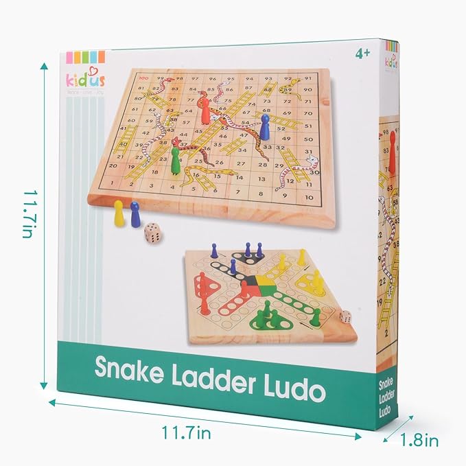 Wooden Classic 2 in 1 Snakes and Ladders Board Game for Kids 12 Inch Ludo Chutes and Ladders Board Game Classic Family Game Set for Toddlers