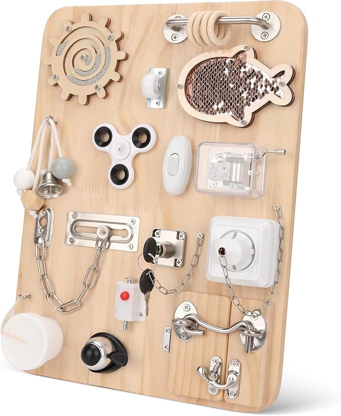 Wooden Montessori Busy Board for 1 2 3 4 Year Old, Montessori Sensory Activity Board Toys for Kids Toddler Baby Boys Girls, for Autism & ADHD Motor Skills