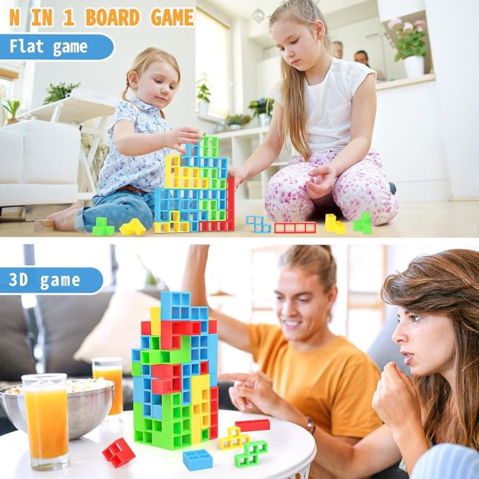 48PCS Stack Game for Adult & Kids, Tetra Board Tower Games for Family Travel Party, 2 Players Balance Stacking Toy Attack, Team Toys Building Block