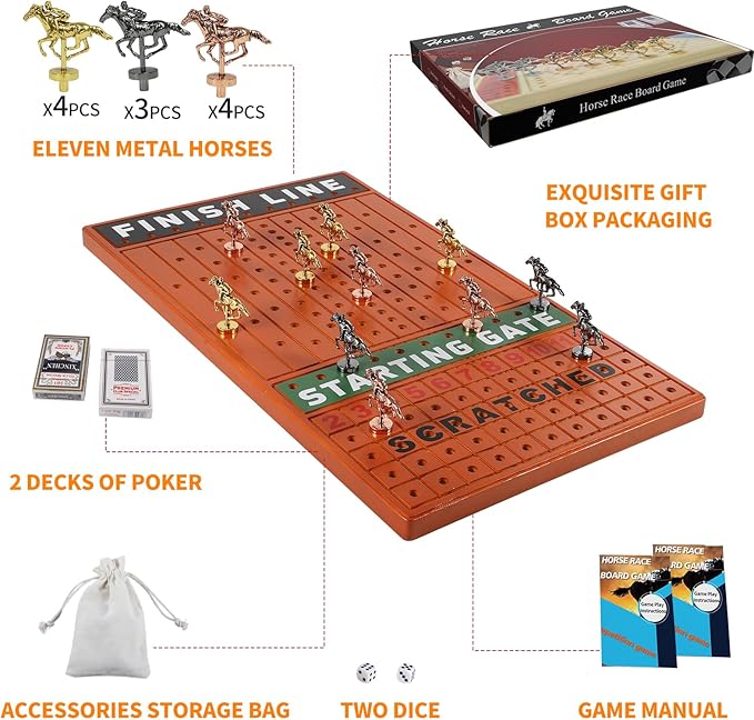 Large 21 inches Horse Racing Board Game Thickened Solid Wood with 11 Luxurious Durable Classic Metal Horses Including Dice and Cards Finish LINE Race Game Board (Large, Yellow)