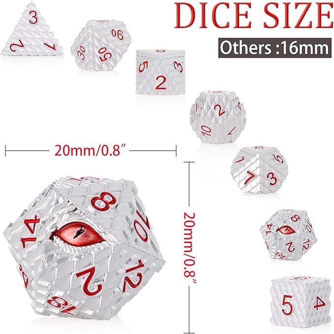 Metal Dice Set D&D,7 PCS Dragon Scale Metallic DND Dice Set,Dragon Eye Metal Dice with Gift Metal Box for Dungeons and Dragon Tabletop Game (White Dragon Scale & Red Eye)