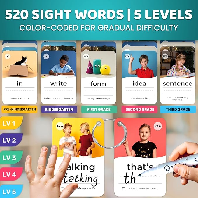 QUOKKA 520 Sight Words Flash Cards for Kids Adults – from Pre-K to 3rd Grade – 5 Levels & Bold Font & Jumbo Size & Dry Erase Cards with Realistic Images & Rings – Based on Dolch & Fry Word Lists