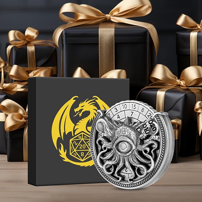 Spinner DND Dice Set, 7-in-1 Metallic D&D Dice, One-Eyed Octopus Roulette Dice Spinner for DND Dice Set, D&D Gifts with Gift Box, Role Playing Game Board Game Accessories, Dark Silver
