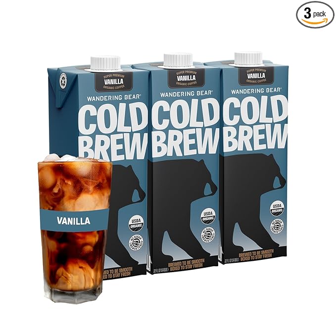 Wandering Bear Organic Vanilla Cold Brew Coffee, 32 fl oz, 3 pack - Extra Strong, Bold, Smooth, Unsweetened, Shelf-Stable, Ready to Drink, Gluten Free, & Vegan, Iced Cold Brewed Coffee Drinks
