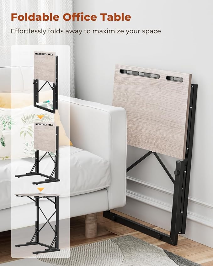 21''Wx28''H Folding TV Tray for Eating, Small Foldable C-Shaped Tray Table with Tablet and Phone Slots, Slide Under Couch Side Table for Recliner, Living Room, Bedroom, Greige